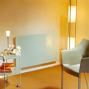 Our glass radiators are heat accumulators that radiate heat evenly without moving the air so avoiding temperature in layers & dust movement.