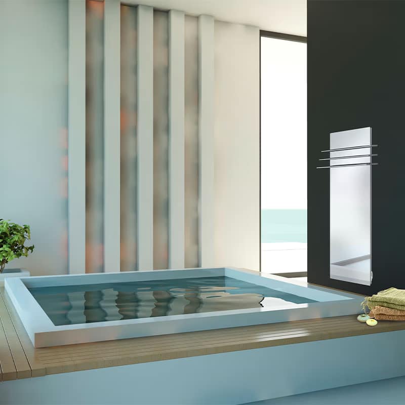 bathroom radiator with towel rail Our glass radiators are heat accumulators that radiate heat evenly without moving the air so avoiding temperature in layers & dust movement.